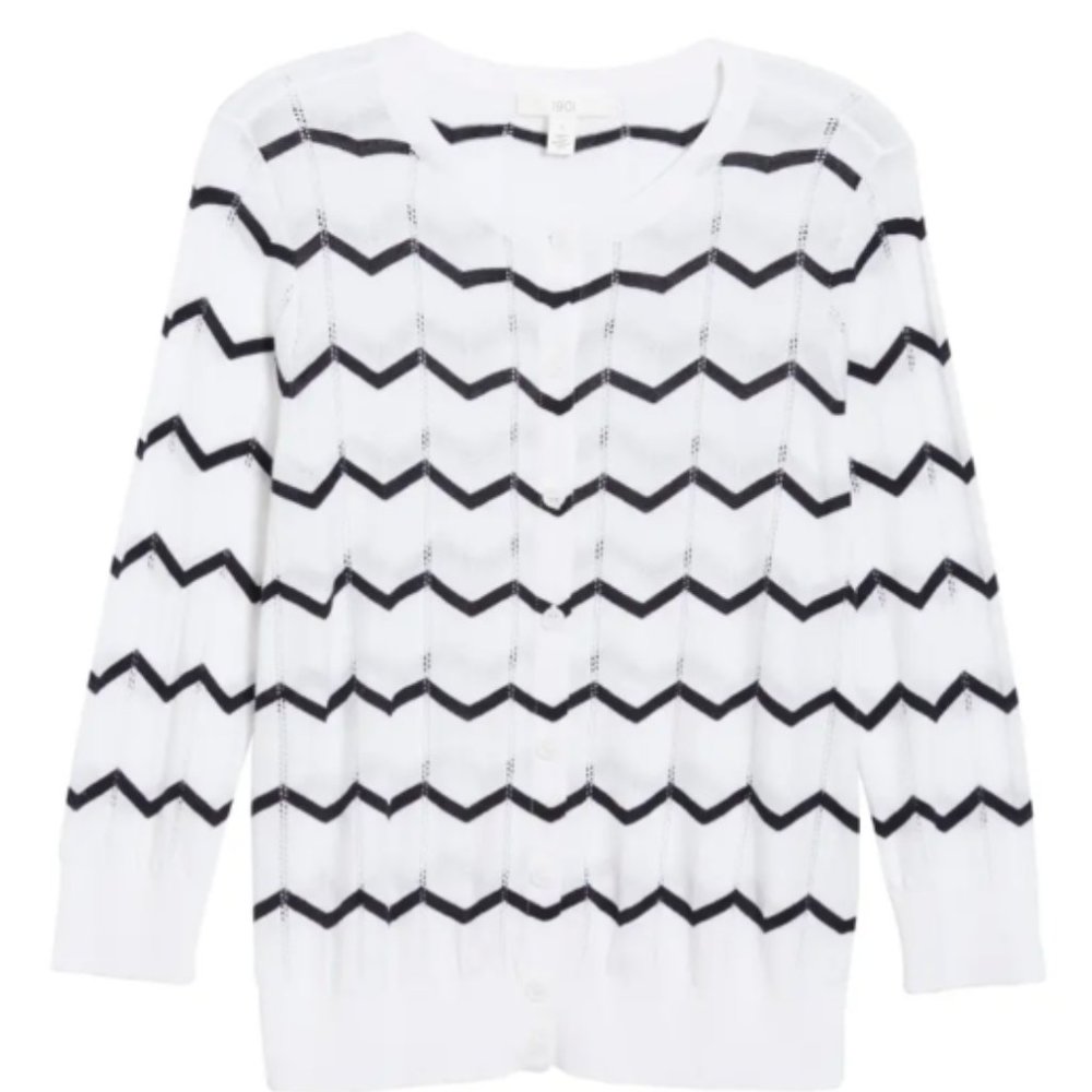NWT 1901 Chevron Crew Cardigan In White Navy Chevron Sz S